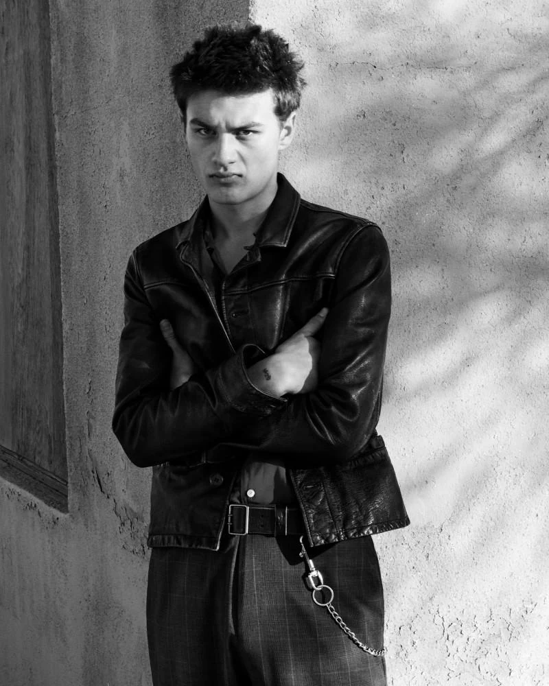 Black-and-white AllSaints fashion portrait