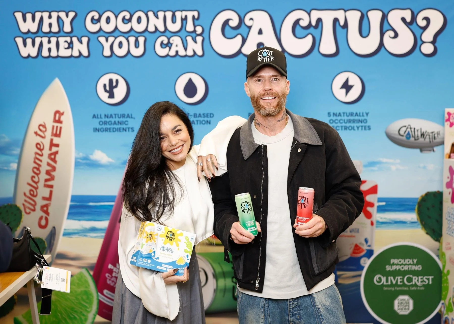 Caliwater co-founders Vanessa Hudgens and Oliver Trevena with Caliwater products
