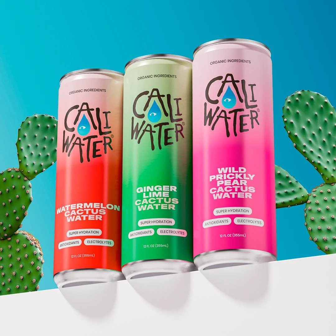 Three colorful Caliwater cactus water cans with prickly pear cactus