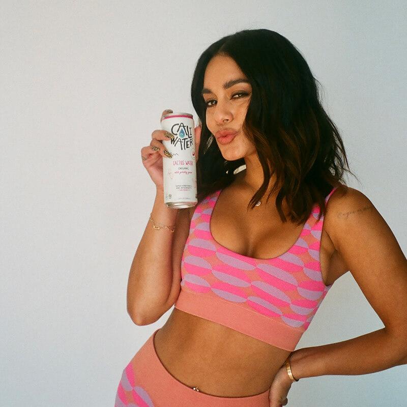 Vanessa Hudgens holding a can of Caliwater cactus water