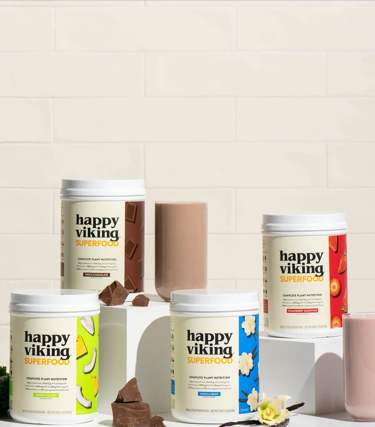 Happy Viking nutrition products arranged on a studio set